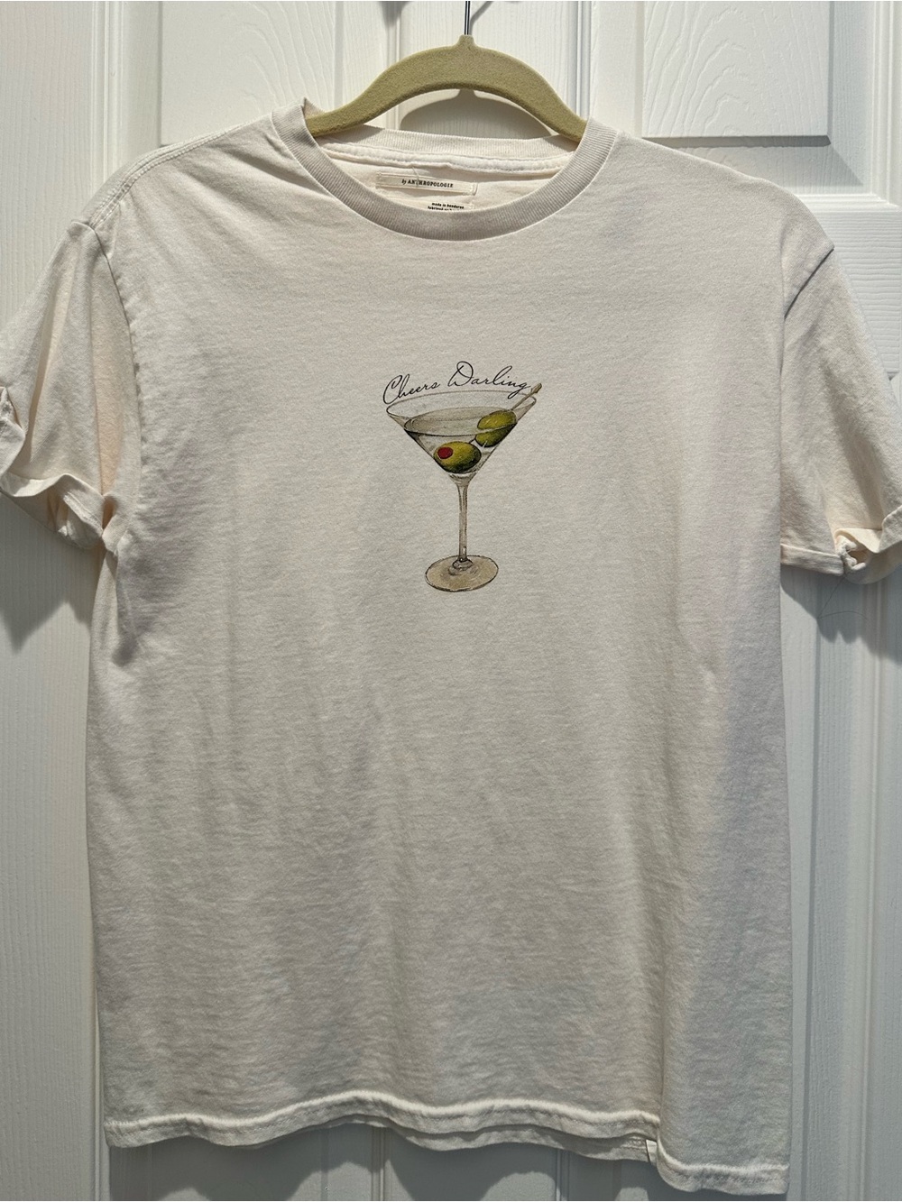 Anthropologie Cream Short-Sleeve Tee with Martini Graphic